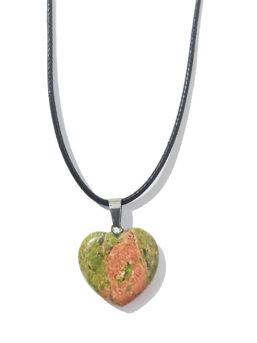 Flower green stone [with leather rope] Artificial leather chain Natural Stone Heart Ethnic Necklace